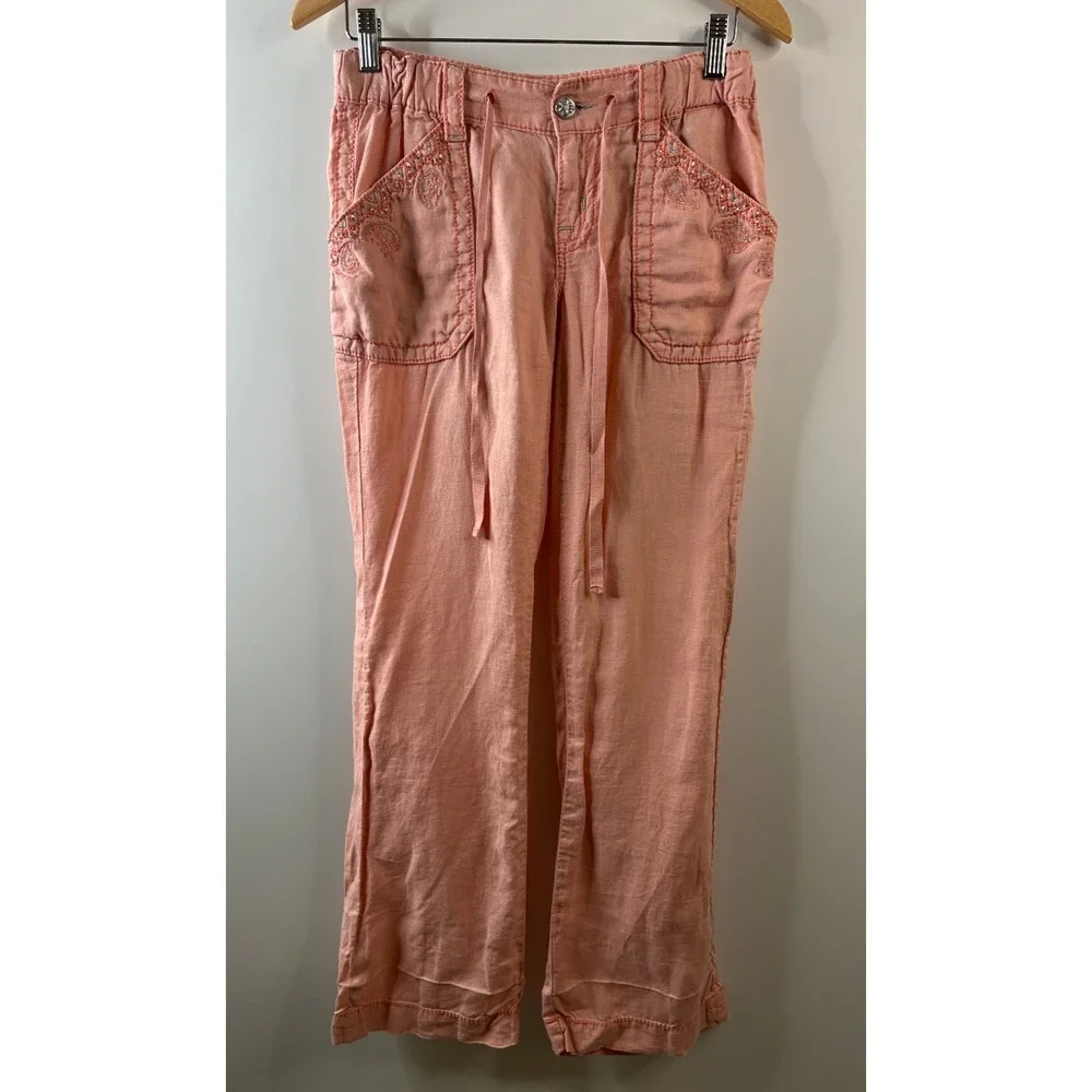 Miss Me Cargo 100% Linen Wide Leg Trouser Pants Coral Pink Small Lagonlook Beach - Picture 2 of 16